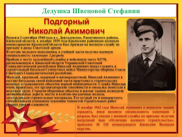 Дедушка Швецовой Стефании Подгорный Николай Акимович Родился 2 сентября 1940 года в с.