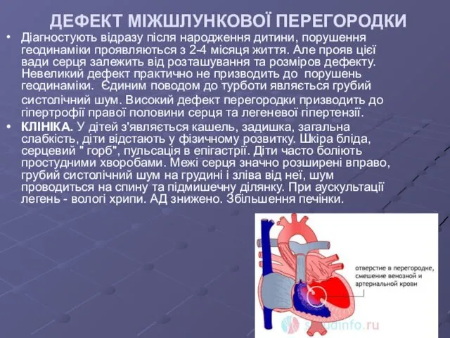 ДЕФЕКТ МІЖШЛУНКОВОЇ ПЕРЕГОРОДКИ Діагностують відразу після народження дитини, порушення геодинаміки проявляються з 2-4