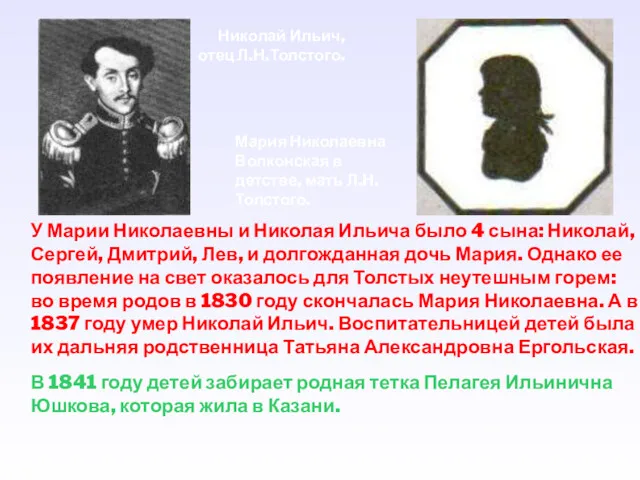 Николай Ильич, отец Л.Н.Толстого. Мария Николаевна Волконская в детстве, мать