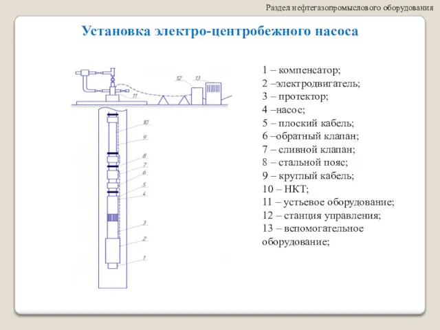 Раздел нефтегазопромыслового оборудования Установка электро-центробежного насоса 1 – компенсатор; 2