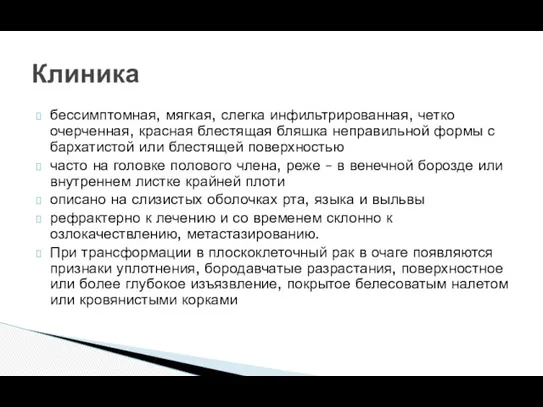 бессимптомная, мягкая, слегка инфильтрированная, четко очерченная, красная блестящая бляшка неправильной