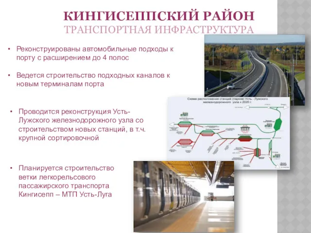 КИНГИСЕППСКИЙ РАЙОН ТРАНСПОРТНАЯ ИНФРАСТРУКТУРА Проводится реконструкция Усть-Лужского железнодорожного узла со