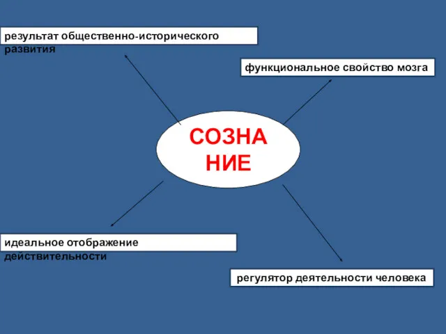 СОЗНАНИЕ результат общественно-исторического развития функциональное свойство мозга идеальное отображение действительности регулятор деятельности человека