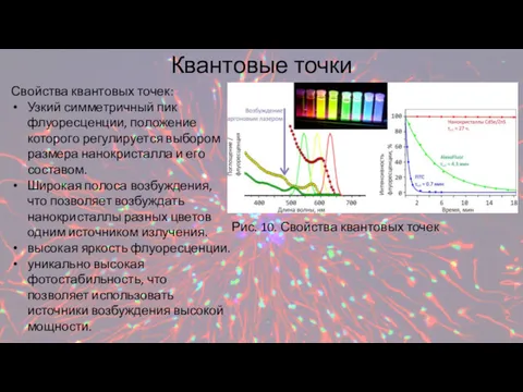 Квантовые точки Свойства квантовых точек: Узкий симметричный пик флуоресценции, положение которого регулируется выбором