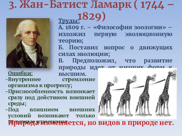 3. Жан-Батист Ламарк ( 1744 – 1829) Труды: А. 1809