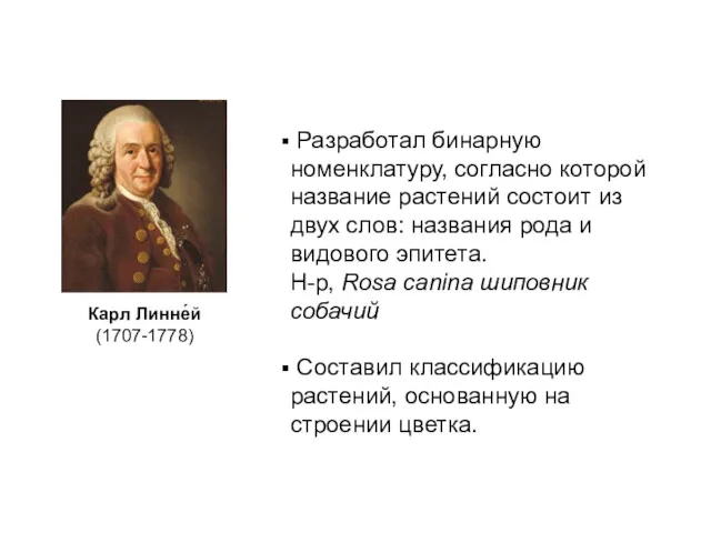 Карл Линне́й (1707-1778) Разработал бинарную номенклатуру, согласно которой название растений