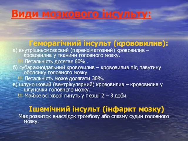 Види мозкового інсульту: Геморагічний інсульт (крововилив): а) внутрішньомозковий (паренхіматозний) крововилив