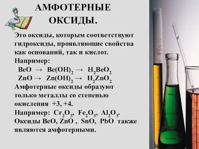 АМФОТЕРНЫЕ ОКСИДЫ. Это оксиды, которым соответствуют гидроксиды, проявляющие свойства как