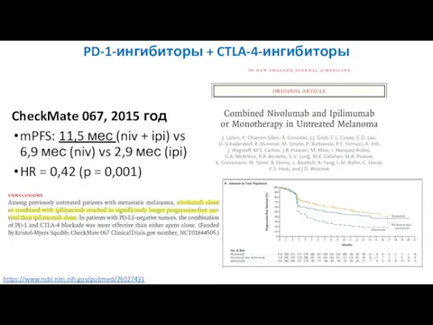 PD-1-ингибиторы + CTLA-4-ингибиторы CheckMate 067, 2015 год mPFS: 11,5 мес