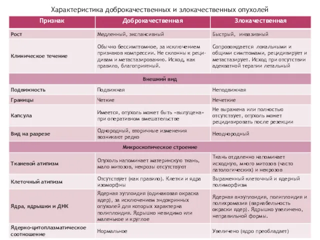 Характеристика доброкачественных и злокачественных опухолей