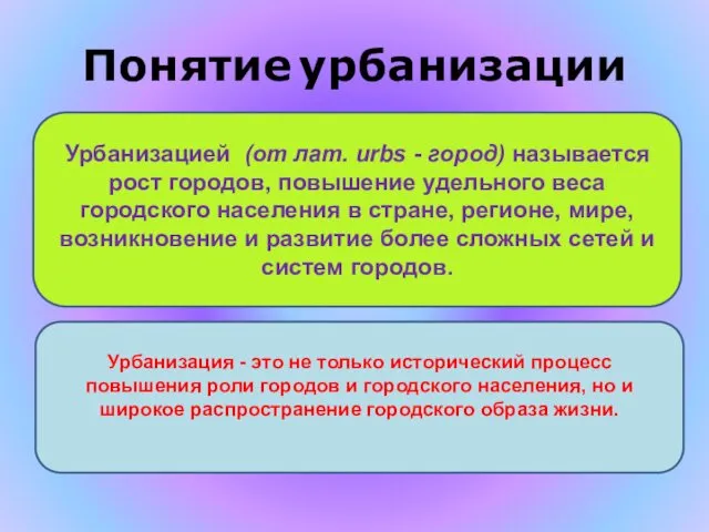 Понятие урбанизации Урбанизацией (от лат. urbs - город) называется рост