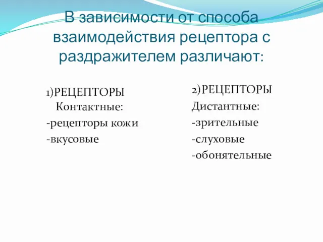 В зависимости от способа взаимодействия рецептора с раздражителем различают: 1)РЕЦЕПТОРЫ