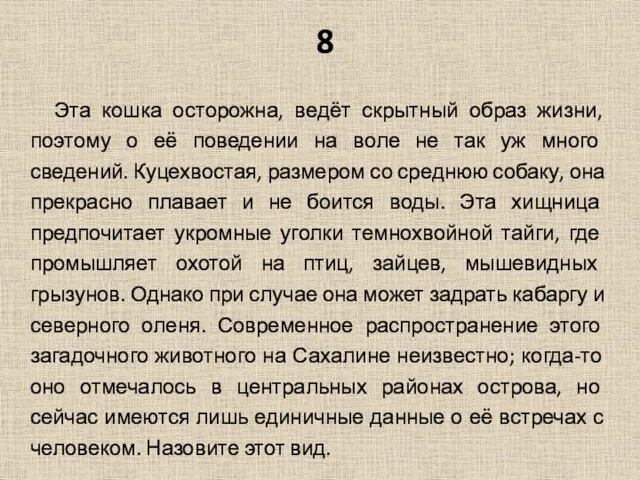 8 Эта кошка осторожна, ведёт скрытный образ жизни, поэтому о