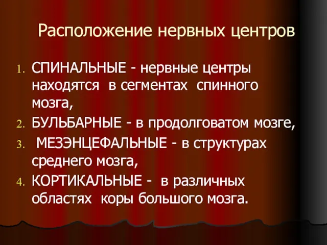 Расположение нервных центров СПИНАЛЬНЫЕ - нервные центры находятся в сегментах