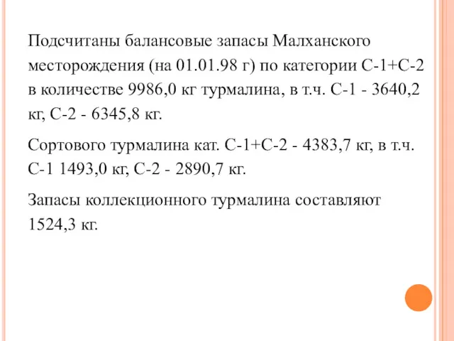 Подсчитаны балансовые запасы Малханского месторождения (на 01.01.98 г) по категории