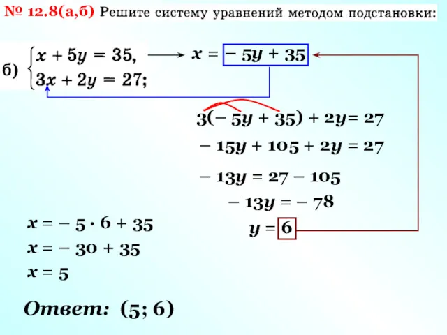 № 12.8(а,б) х = – 5у + 35 3(– 5у