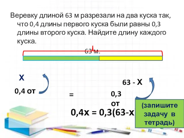 Веревку длиной 63 м разрезали на два куска так, что