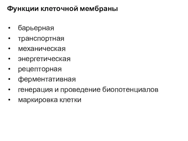 Функции клеточной мембраны барьерная транспортная механическая энергетическая рецепторная ферментативная генерация и проведение биопотенциалов маркировка клетки