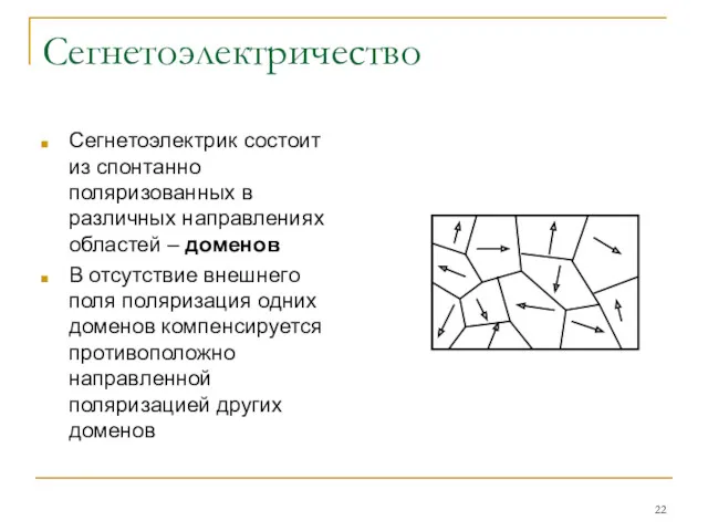 Сегнетоэлектричество Сегнетоэлектрик состоит из спонтанно поляризованных в различных направлениях областей