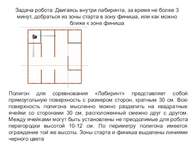 Задача робота: Двигаясь внутри лабиринта, за время не более 3 минут, добраться из