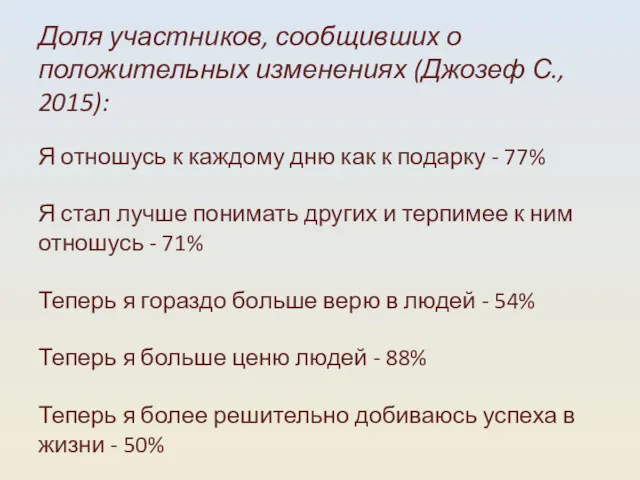 Доля участников, сообщивших о положительных изменениях (Джозеф С., 2015): Я