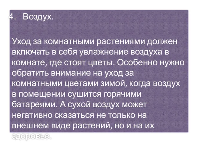 Воздух. Уход за комнатными растениями должен включать в себя увлажнение