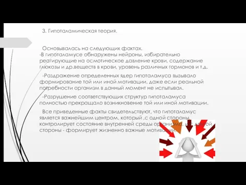 3. Гипоталамическая теория. Основывалась на следующих фактах. -В гипоталамусе обнаружены