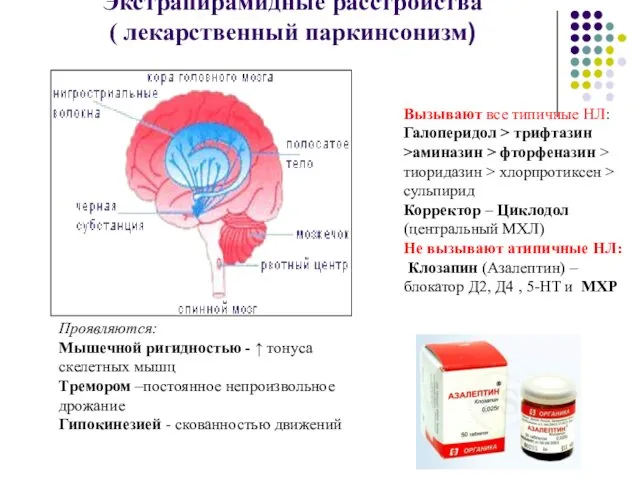 Экстрапирамидные расстройства ( лекарственный паркинсонизм) Проявляются: Мышечной ригидностью - ↑