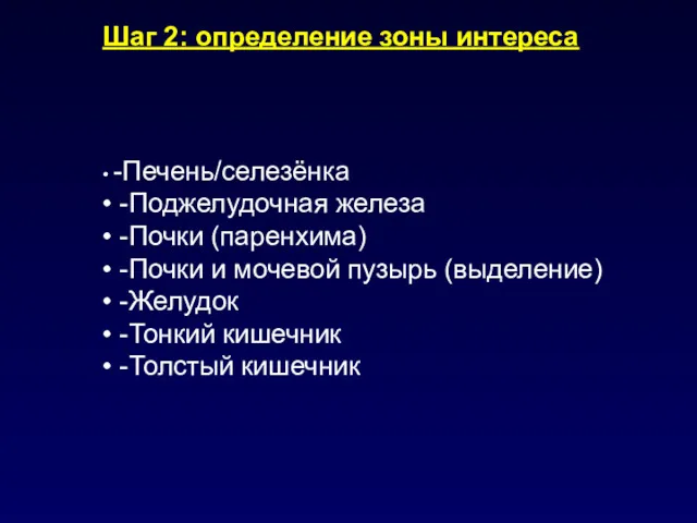 Шаг 2: определение зоны интереса • -Печень/селезёнка • -Поджелудочная железа