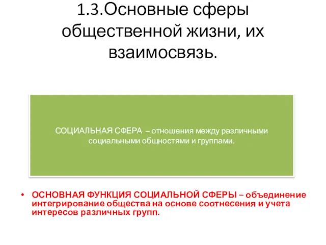 1.3.Основные сферы общественной жизни, их взаимосвязь. ОСНОВНАЯ ФУНКЦИЯ СОЦИАЛЬНОЙ СФЕРЫ