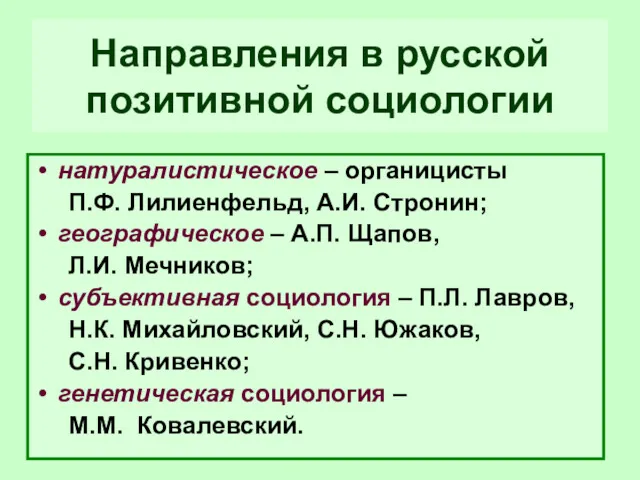 Направления в русской позитивной социологии натуралистическое – органицисты П.Ф. Лилиенфельд,