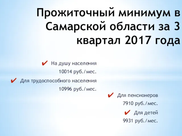 Прожиточный минимум в Самарской области за 3 квартал 2017 года На душу населения
