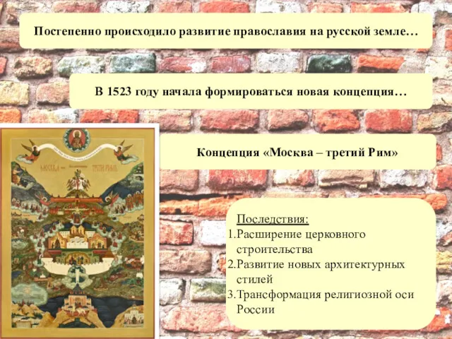 Постепенно происходило развитие православия на русской земле… В 1523 году начала формироваться новая