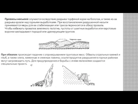 Провалы насыпей случаются вследствие разрыва торфяной корки на болотах, а