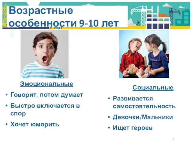 Возрастные особенности 9-10 лет Эмоциональные Говорит, потом думает Быстро включается