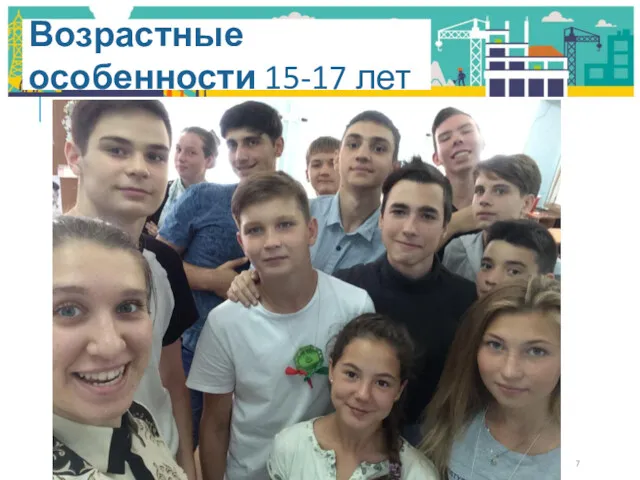 Возрастные особенности 15-17 лет Физические Половое созревание продолжается Влечение Интеллектуальные