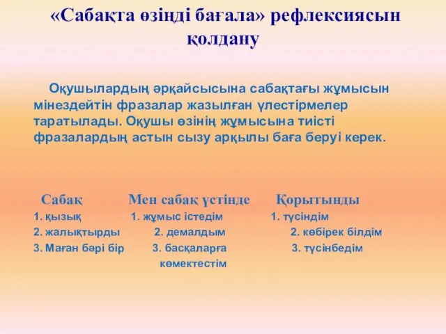 Оқушылардың әрқайсысына сабақтағы жұмысын мінездейтін фразалар жазылған үлестірмелер таратылады. Оқушы