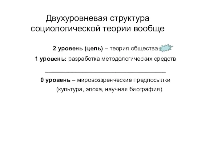 Двухуровневая структура социологической теории вообще 2 уровень (цель) – теория