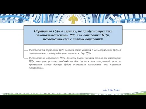 Обработка ПДн в случаях, не предусмотренных законодательством РФ, или обработка