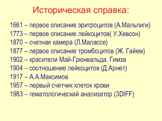 Историческая справка: 1661 – первое описание эритроцитов (А.Мальпиги) 1773 –