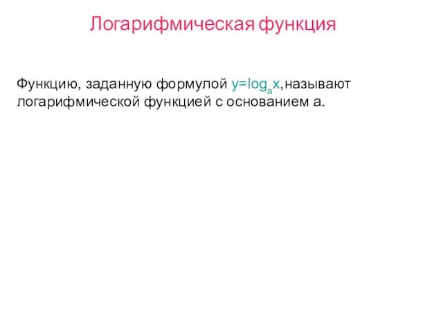 Логарифмическая функция Функцию, заданную формулой y=logax,называют логарифмической функцией с основанием a.