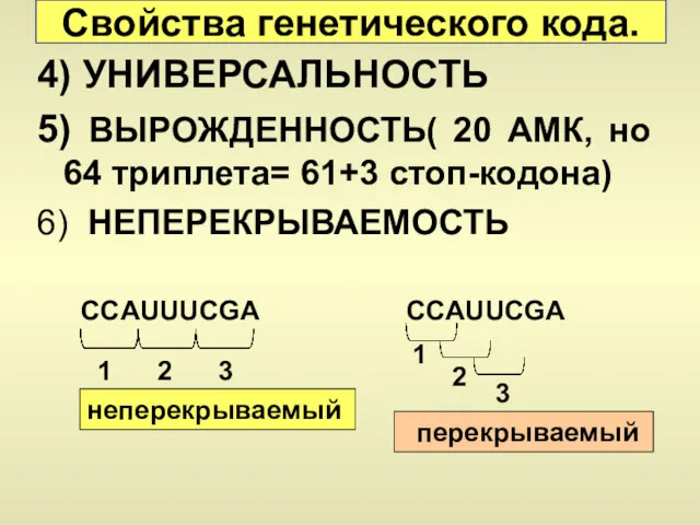 4) УНИВЕРСАЛЬНОСТЬ 5) ВЫРОЖДЕННОСТЬ( 20 АМК, но 64 триплета= 61+3