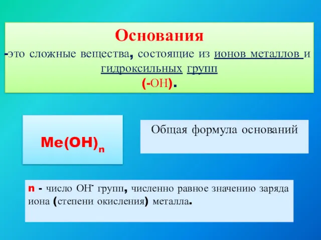 Основания это сложные вещества, состоящие из ионов металлов и гидроксильных