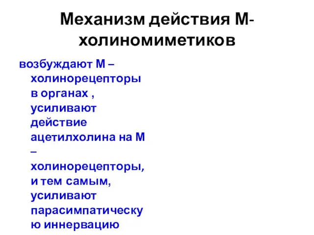 Механизм действия М-холиномиметиков возбуждают М – холинорецепторы в органах ,