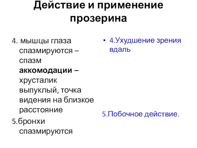 Действие и применение прозерина 4. мышцы глаза спазмируются – спазм