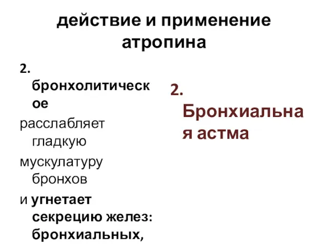 действие и применение атропина 2.бронхолитическое расслабляет гладкую мускулатуру бронхов и