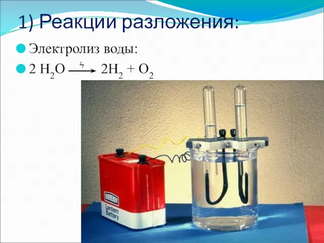1) Реакции разложения: Электролиз воды: 2 H2O ϟ 2H2 + O2