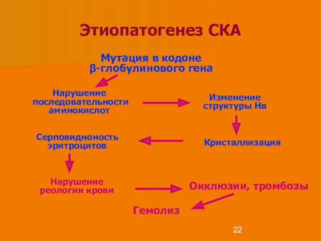 Этиопатогенез СКА Мутация в кодоне β-глобулинового гена Изменение структуры Нв