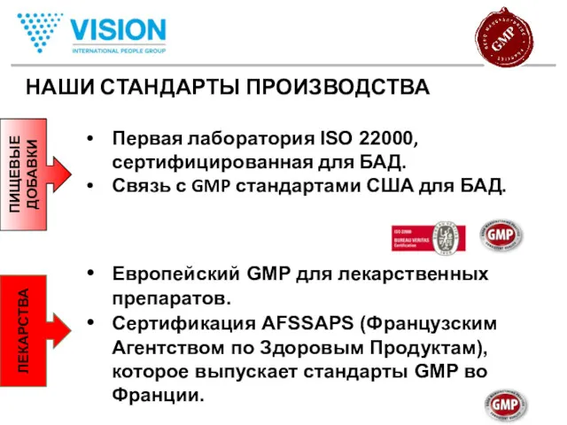 НАШИ СТАНДАРТЫ ПРОИЗВОДСТВА Европейский GMP для лекарственных препаратов. Сертификация AFSSAPS