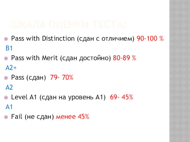 ШКАЛА ОЦЕНКИ ТЕСТА: Pass with Distinction (cдан с отличием) 90-100